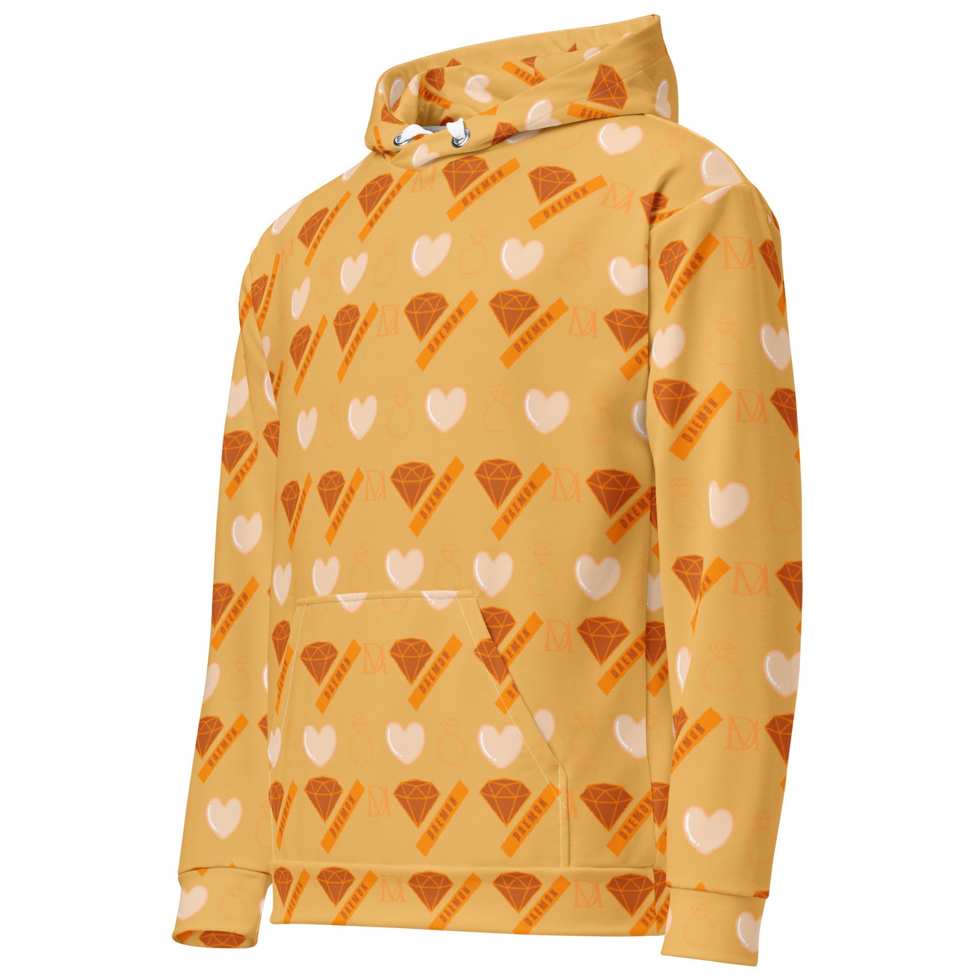 Daemon Gloomy Runner Karamel Karu unisex recycled hoodie with all-over print, white background, front view, casual style.