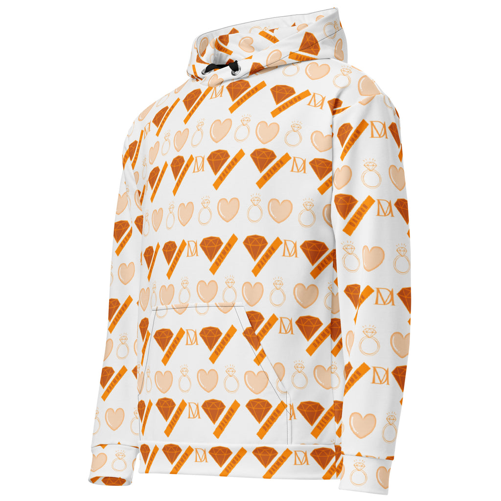Daemon Gloomy Runner Lunar Mari unisex hoodie with all-over white print, featuring a hood and casual style.