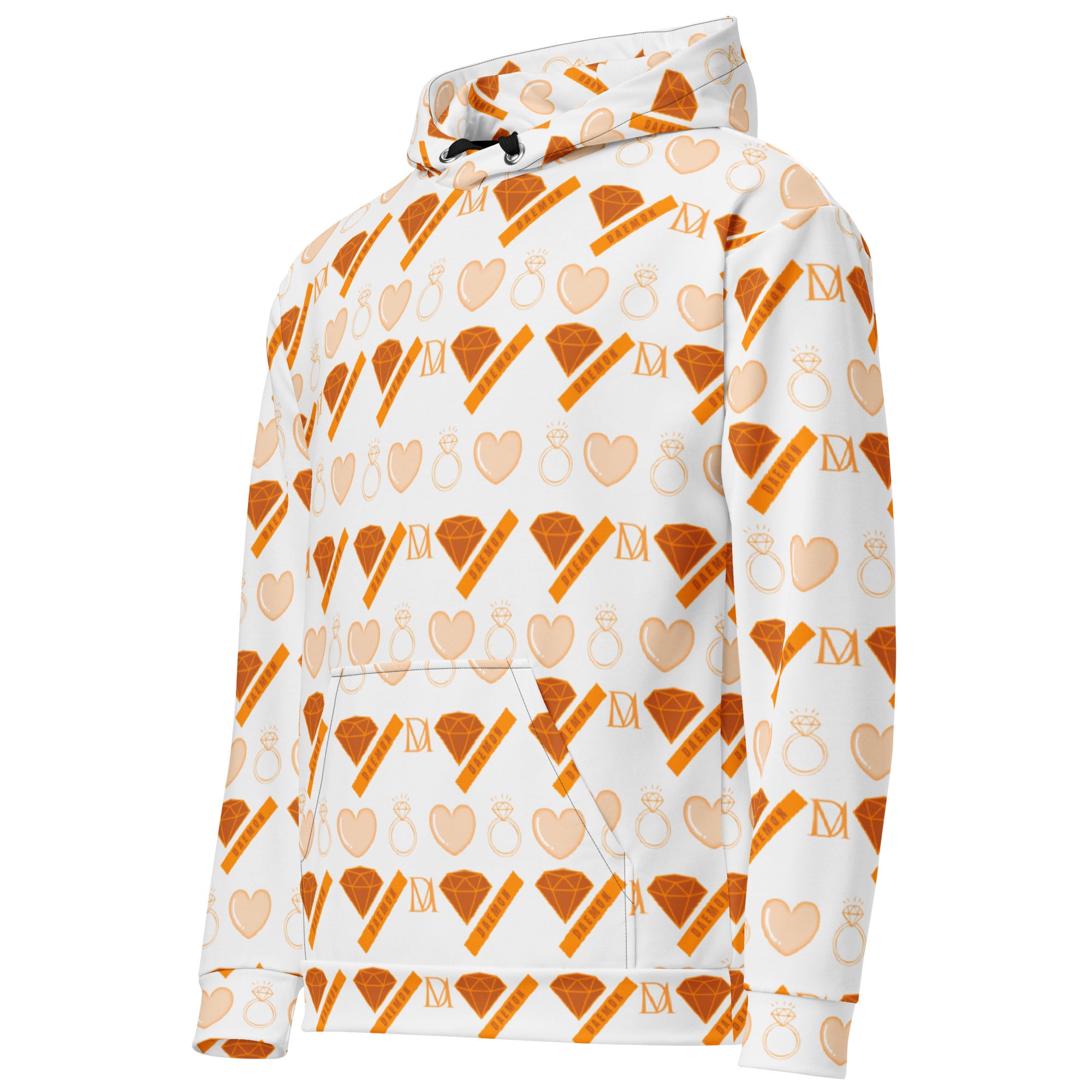 Daemon Gloomy Runner Lunar Mari unisex hoodie with all-over white print, featuring a hood and casual style.