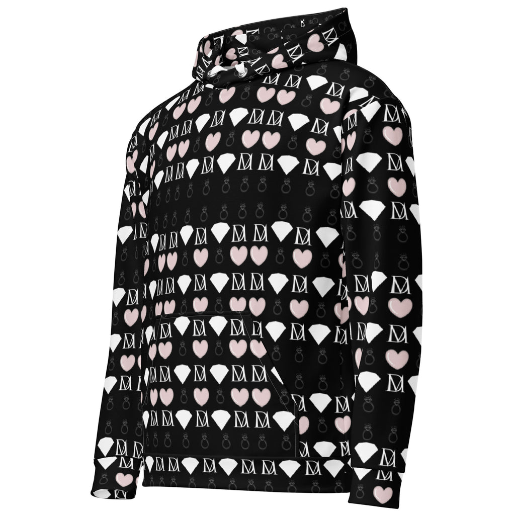 Daemon Frosted Diamonds Love Lock unisex hoodie with all-over recycled print, white color, front view.