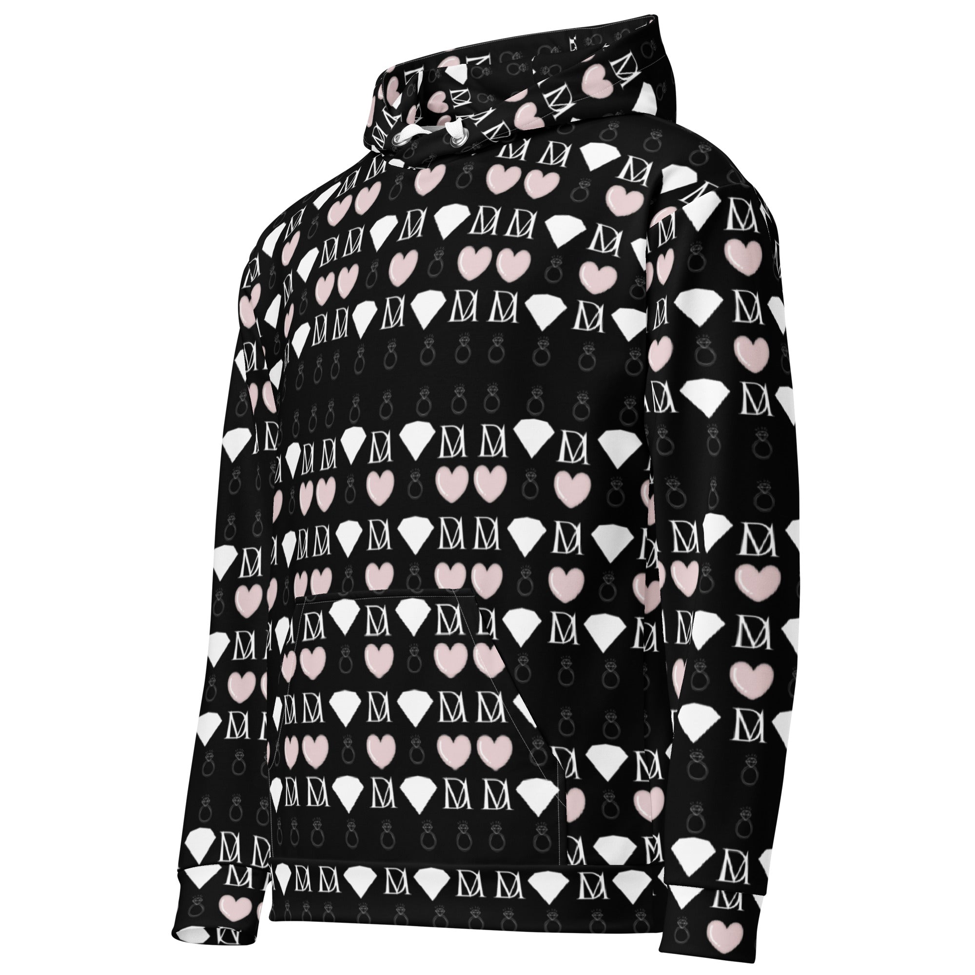 Daemon Frosted Diamonds Love Lock unisex hoodie with all-over recycled print, white color, front view.