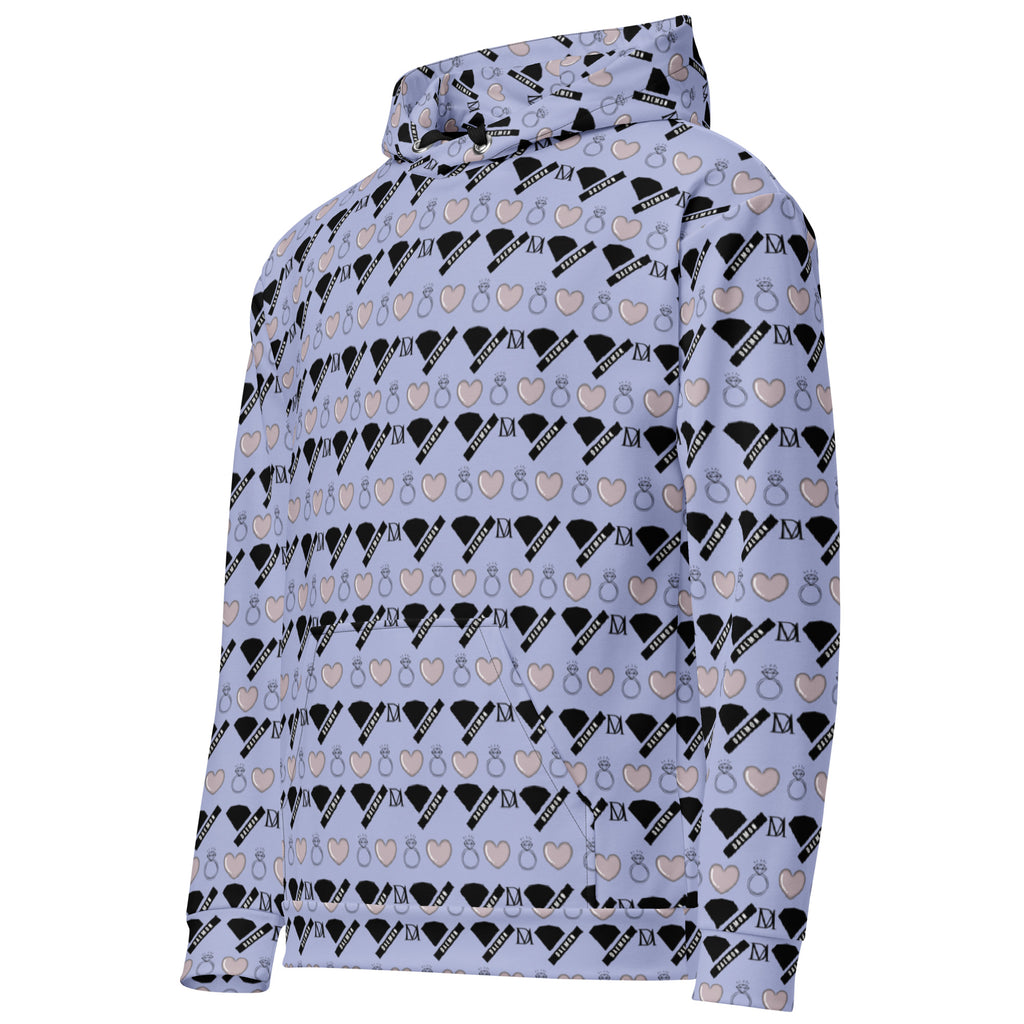 Unisex white hoodie with all-over Gloomy Runners Lavished Valentino print, featuring a front pocket and adjustable hood by Daemon.