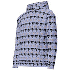 Unisex white hoodie with all-over Gloomy Runners Lavished Valentino print, featuring a front pocket and adjustable hood by Daemon.