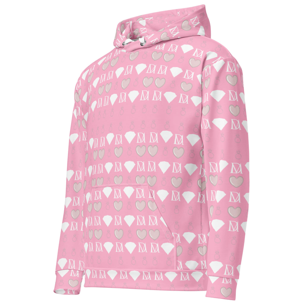 Daemon Frosted Diamonds cotton candy cinzel hoodie, all-over print, white recycled unisex hoodie with front pocket.