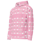 Daemon Frosted Diamonds cotton candy cinzel hoodie, all-over print, white recycled unisex hoodie with front pocket.