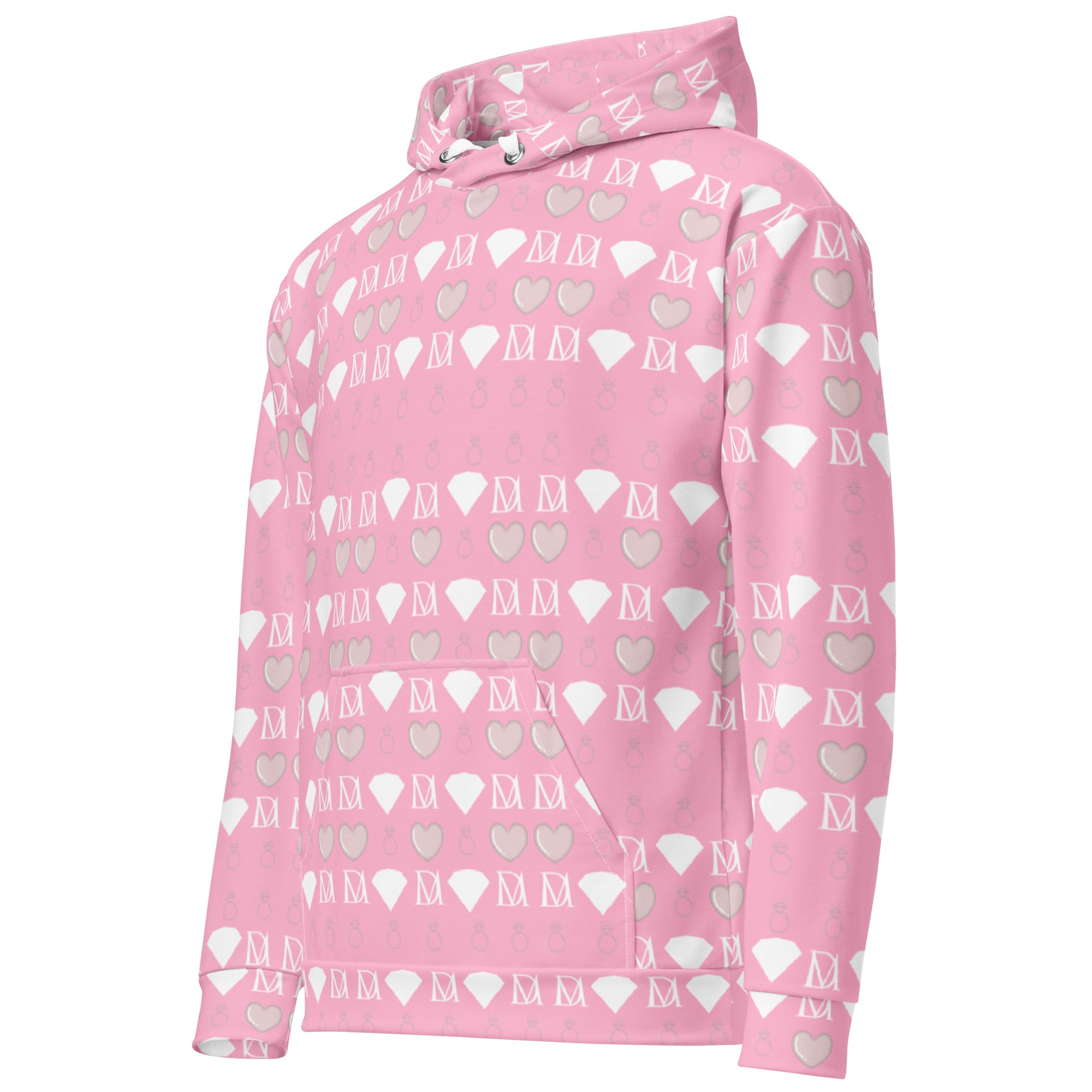 Daemon Frosted Diamonds cotton candy cinzel hoodie, all-over print, white recycled unisex hoodie with front pocket.