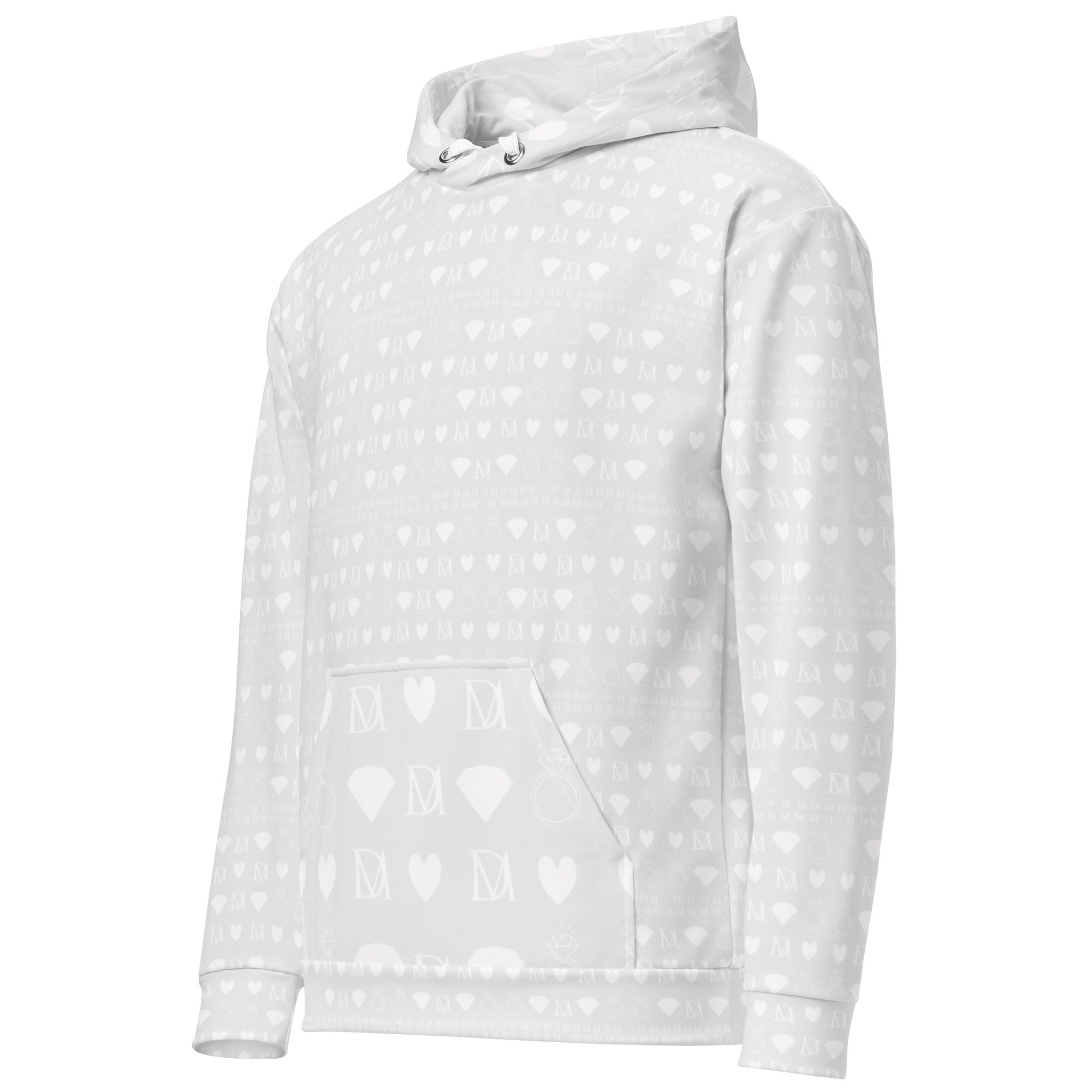 White Daemon Frosted Diamonds Artica unisex hoodie with all-over recycled print, featuring a front pocket and hood.
