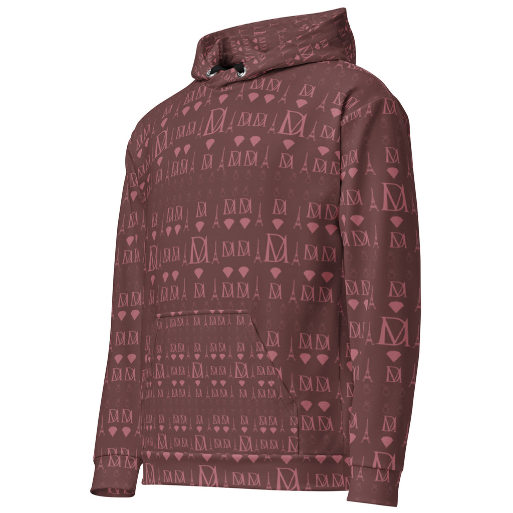 Recycled white unisex hoodie with all-over Dim Horizon print from Daemon, featuring a front pocket and adjustable drawstring hood.