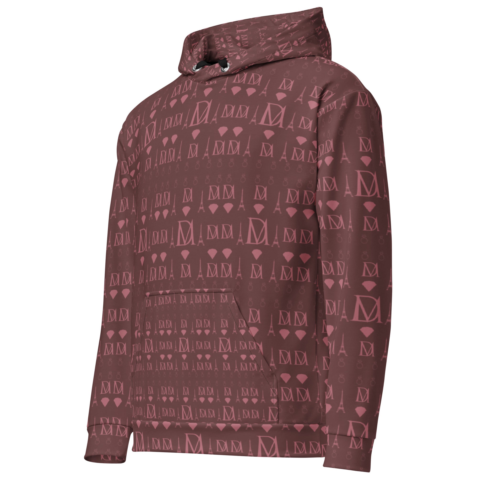 Recycled white unisex hoodie with all-over Dim Horizon print from Daemon, featuring a front pocket and adjustable drawstring hood.