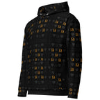 White unisex hoodie with all-over frosted diamond gold tender print, featuring a front pocket and adjustable drawstrings by Daemon.