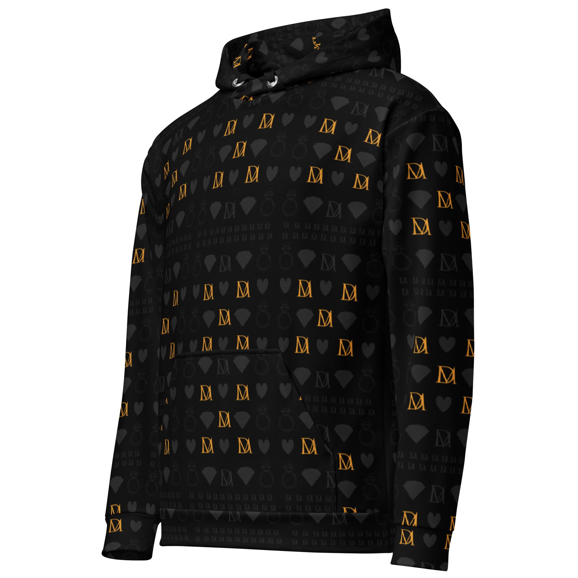 White unisex hoodie with all-over frosted diamond gold tender print, featuring a front pocket and adjustable drawstrings by Daemon.
