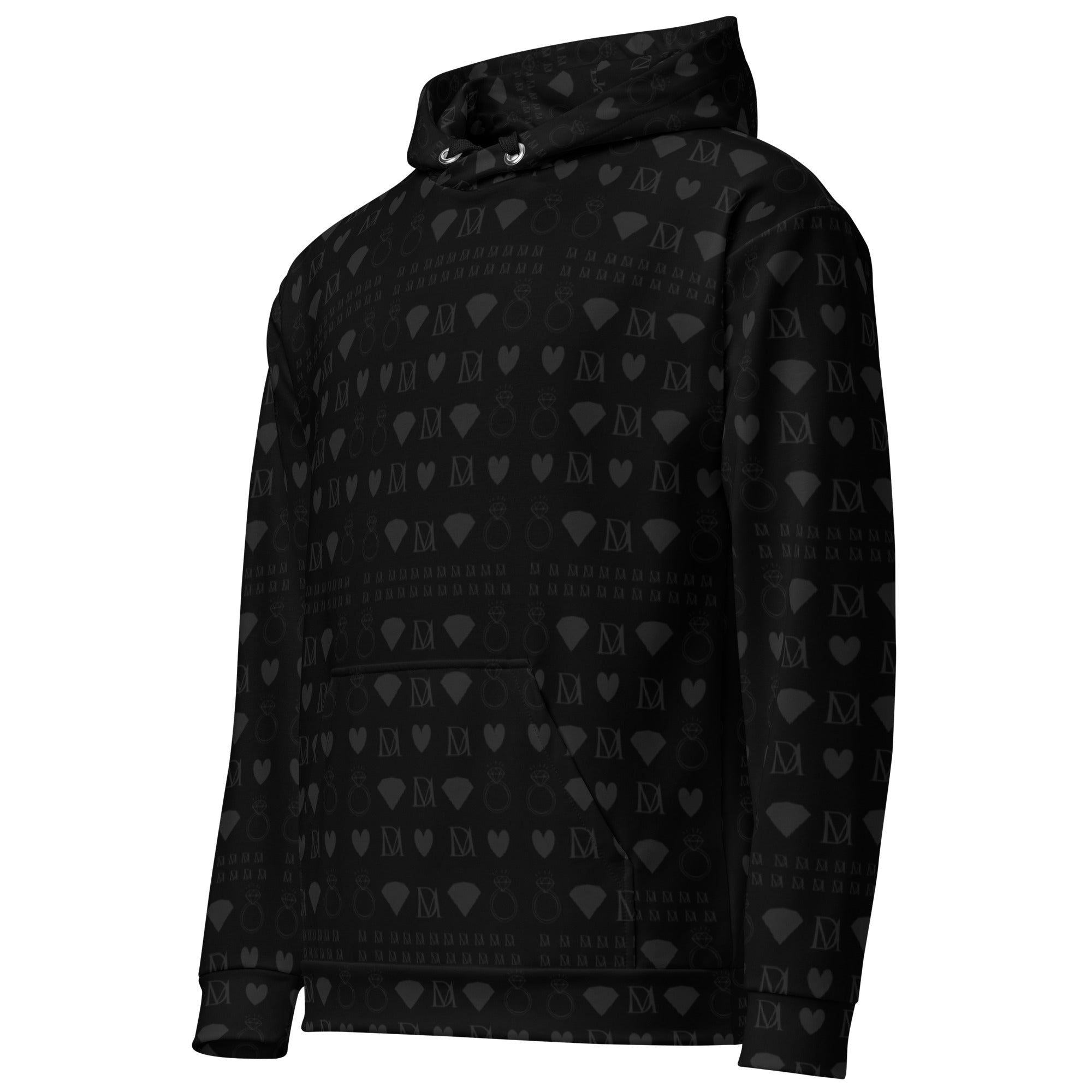 White unisex hoodie with all-over printed frosted diamond pattern and platinum accents by Daemon, featuring a front pocket and hood.