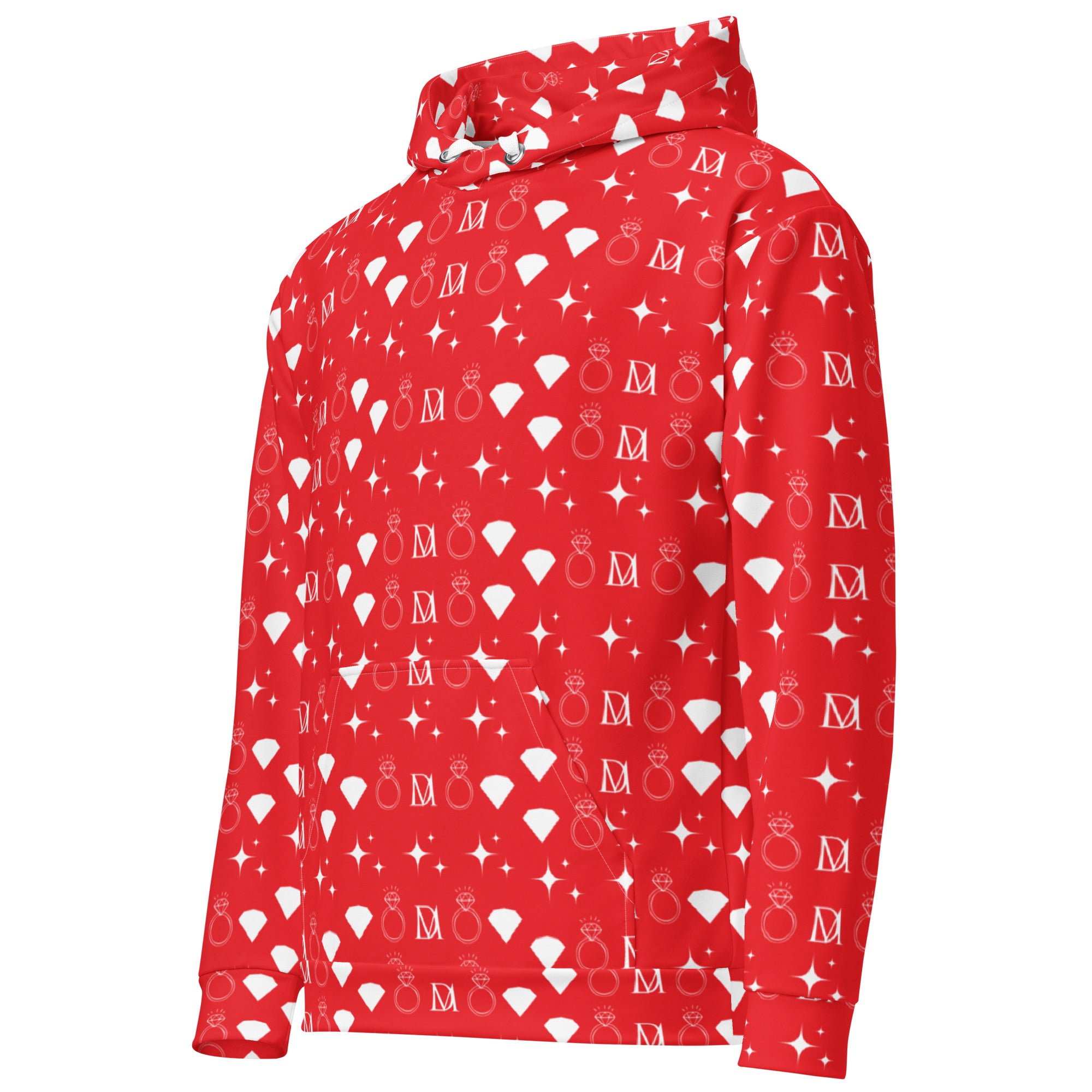Daemon Frosted Diamonds Stardust unisex hoodie with all-over-print recycled fabric and white color, featuring star and diamond patterns.