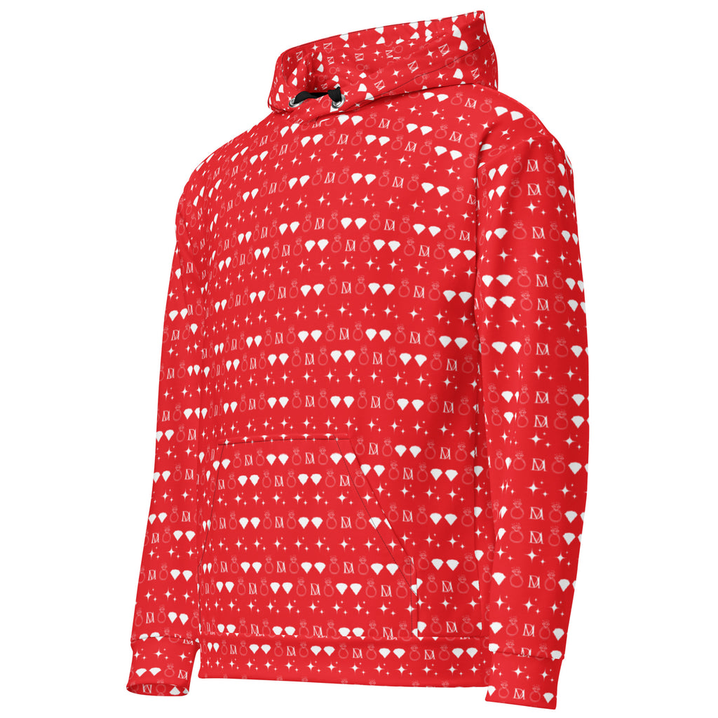 Daemon Frosted Diamonds VENUS unisex hoodie with all-over white recycled print and hood, front view.