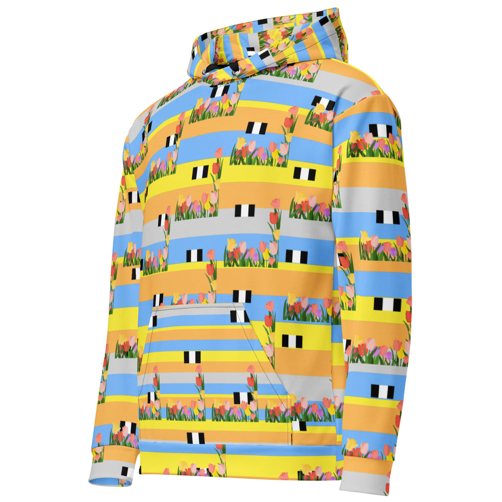 Daemon Luxury Pacific Fire Florette Edition unisex hoodie with all-over recycled print, white color, left front view.