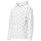 White Heartfelt Artica hoodie by Daemon Luxury featuring an all-over recycled print, unisex design, and front pocket.
