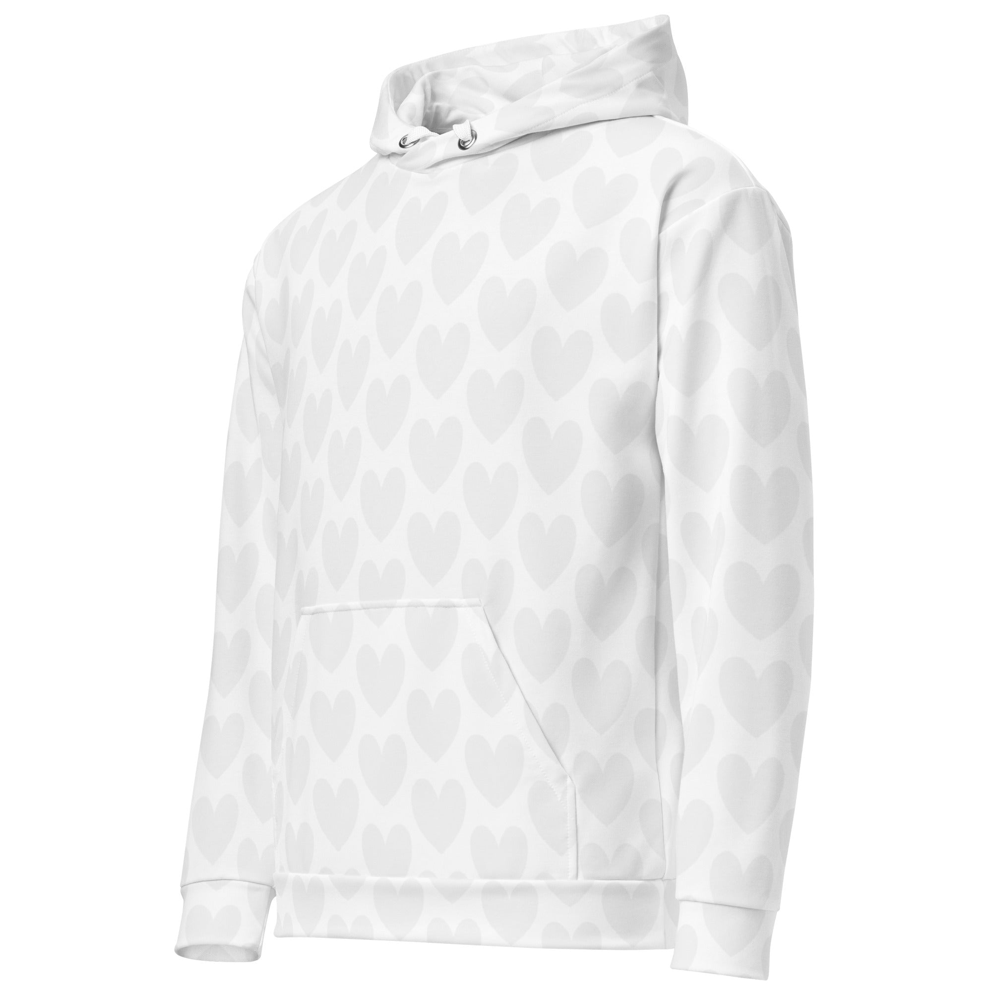 White Heartfelt Artica hoodie by Daemon Luxury featuring an all-over recycled print, unisex design, and front pocket.