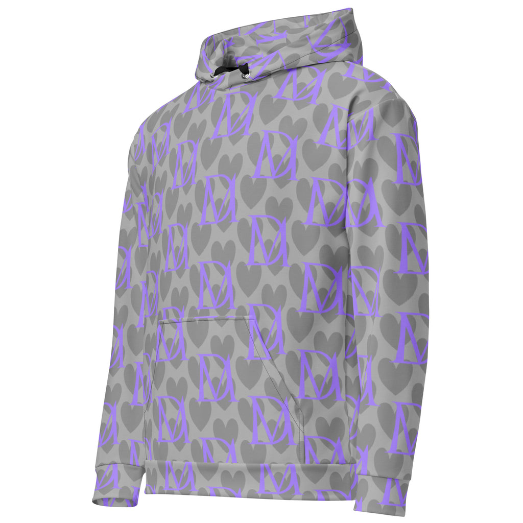 Unisex Daemon Luxury 5 Star System Cloudy Grey hoodie with all-over print and recycled fabric, front view.