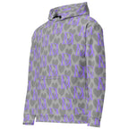 Unisex Daemon Luxury 5 Star System Cloudy Grey hoodie with all-over print and recycled fabric, front view.