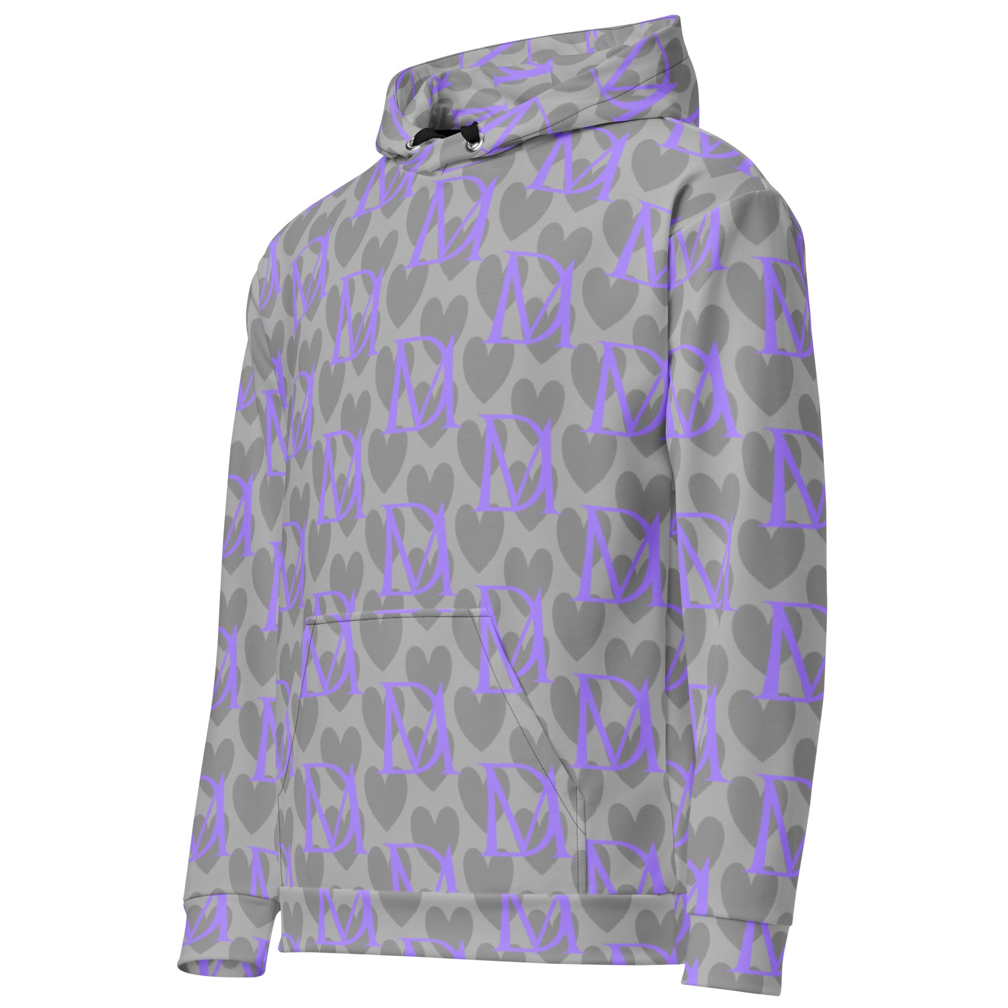 Unisex Daemon Luxury 5 Star System Cloudy Grey hoodie with all-over print and recycled fabric, front view.