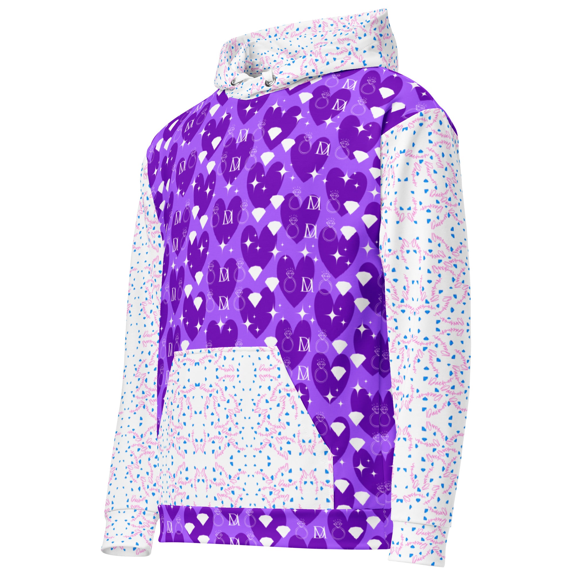 Recycled white unisex hoodie with all-over frosted diamond Picasso mirror print by Daemon Luxury, front view.