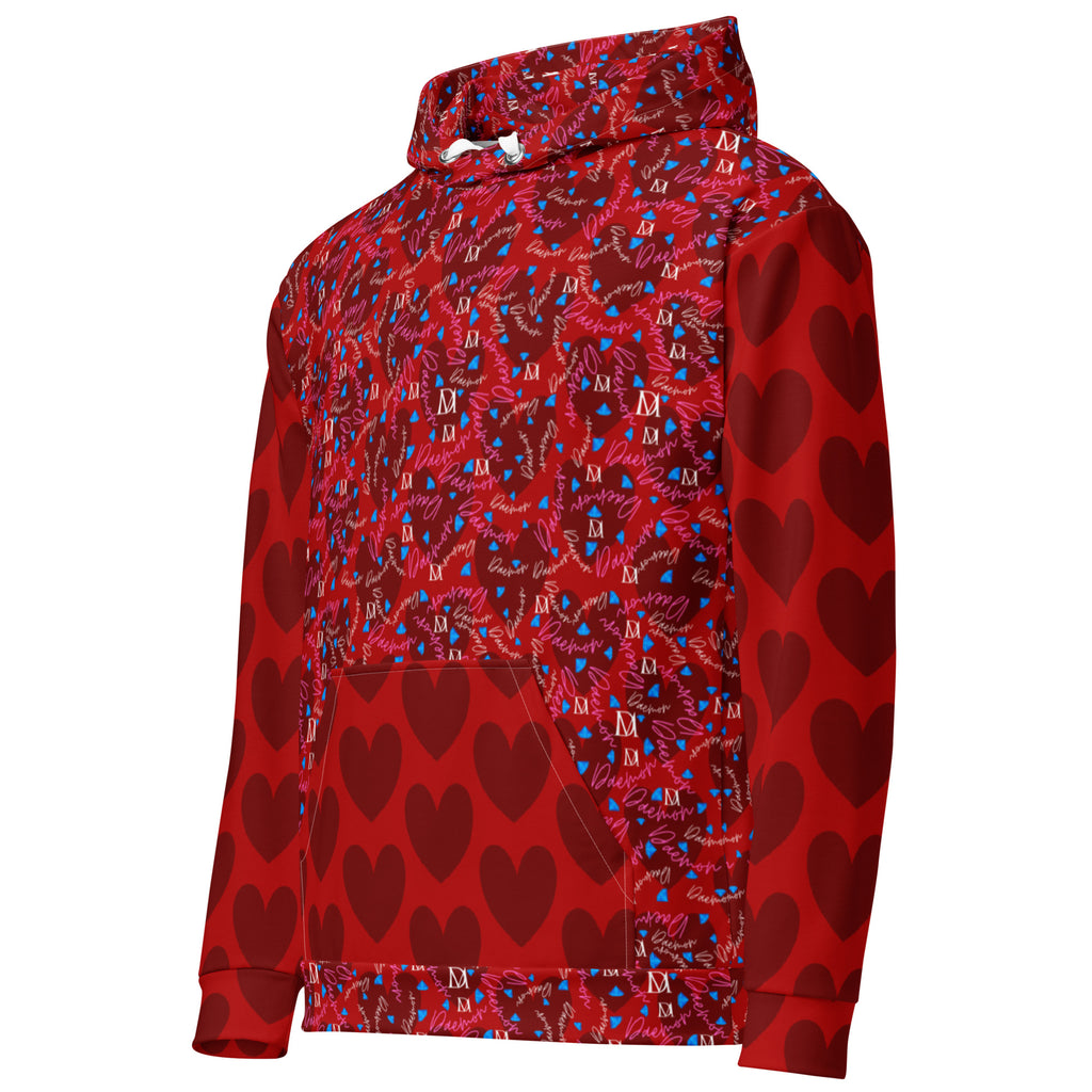 Recycled white unisex hoodie with all-over Picasso Mirrors Trail Bloods print and front pocket, by Daemon Luxury.