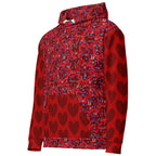 Recycled white unisex hoodie with all-over Picasso Mirrors Trail Bloods print and front pocket, by Daemon Luxury.