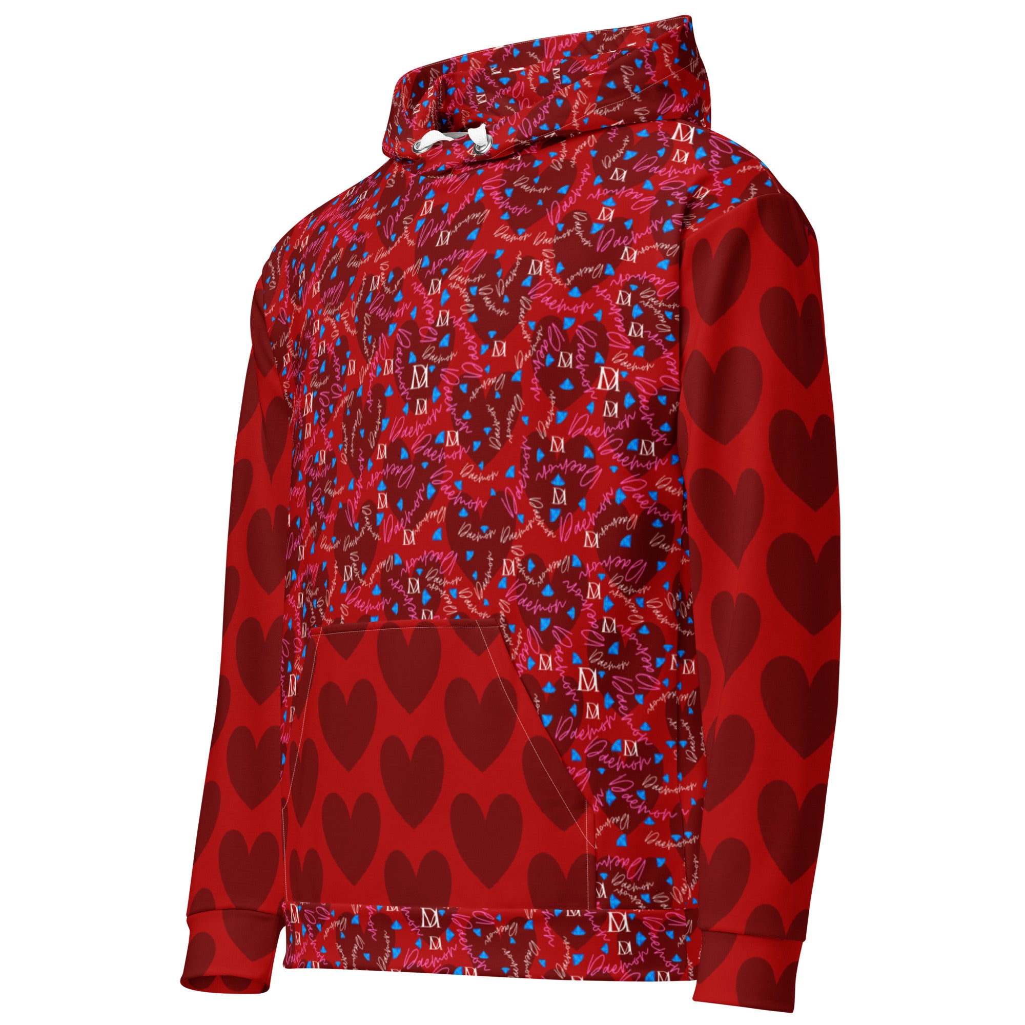 Recycled white unisex hoodie with all-over Picasso Mirrors Trail Bloods print and front pocket, by Daemon Luxury.