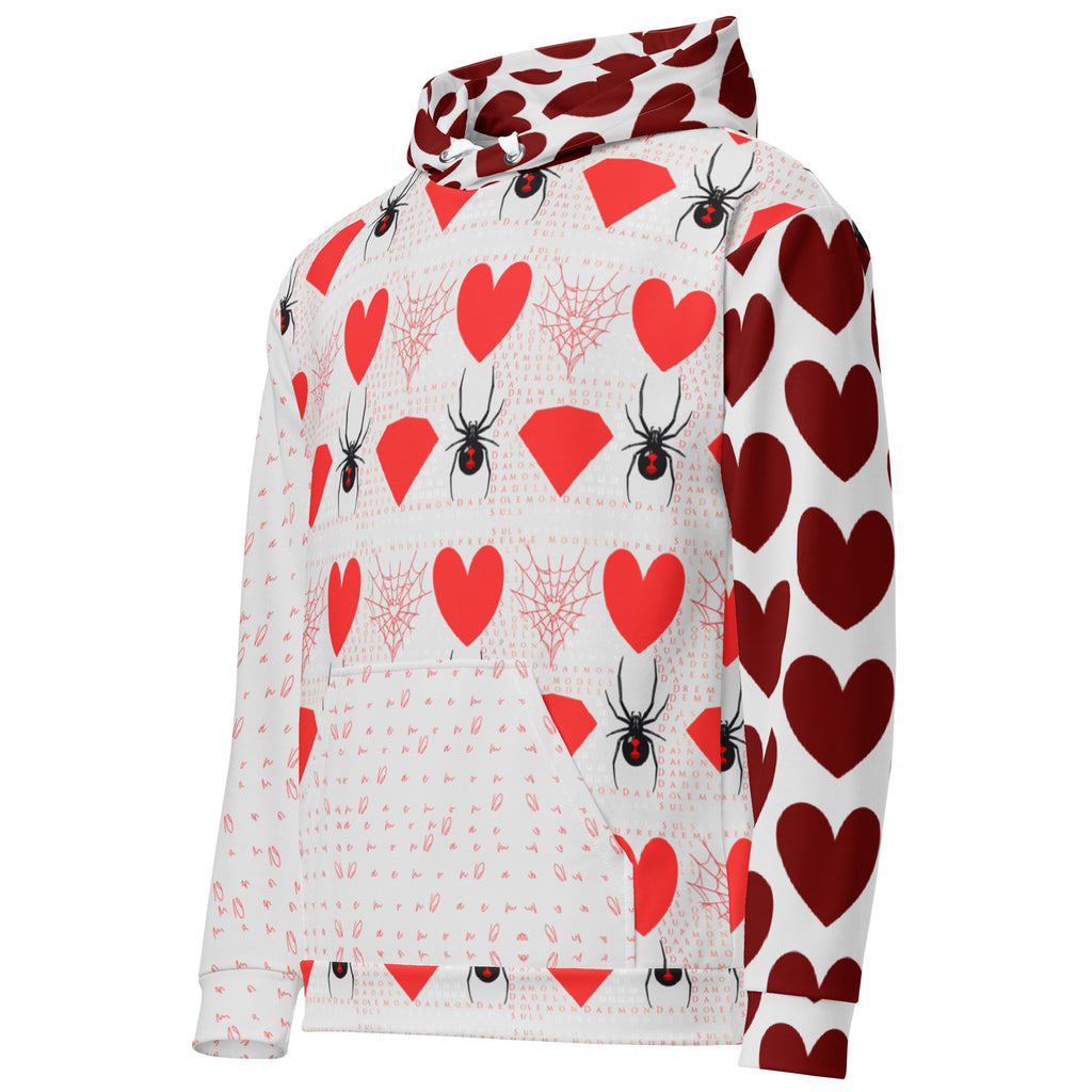 Recycled white unisex hoodie by Daemon Luxury with all-over-print frosted hearts design and a front pocket.