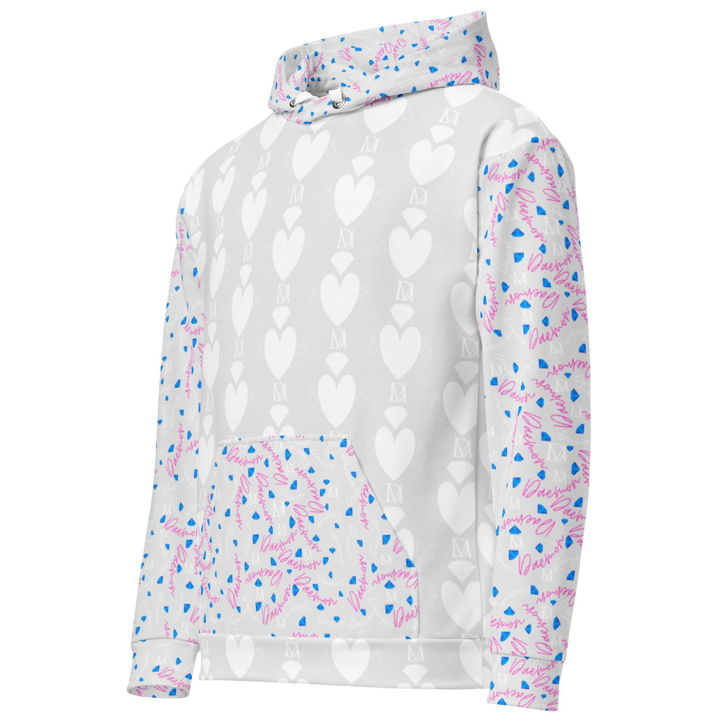 Unisex white hoodie with all-over frosted heart print by Daemon Luxury featuring Picasso Mirrors design.