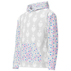 Unisex white hoodie with all-over frosted heart print by Daemon Luxury featuring Picasso Mirrors design.
