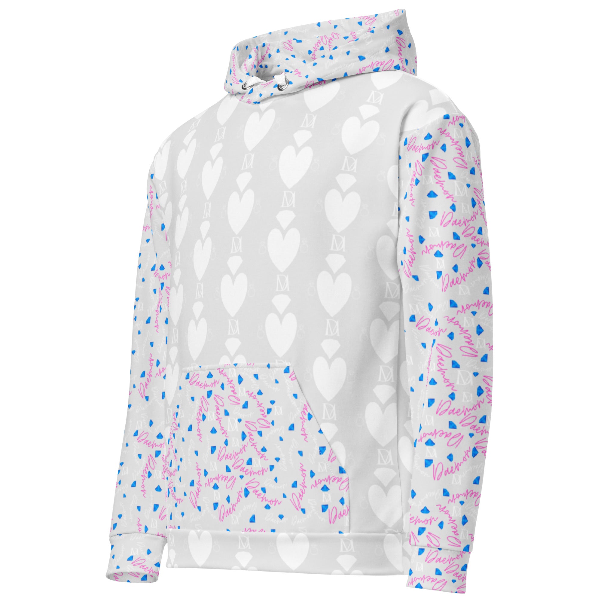 Unisex white hoodie with all-over frosted heart print by Daemon Luxury featuring Picasso Mirrors design.