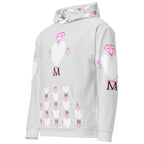 Recycled white unisex hoodie with all-over frosted hearts print from Daemon Luxury, featuring a front pocket and hood.