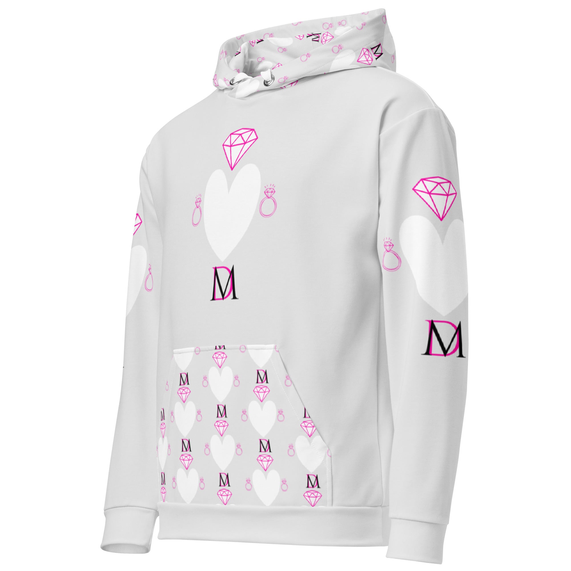 Recycled white unisex hoodie with all-over frosted hearts print from Daemon Luxury, featuring a front pocket and hood.