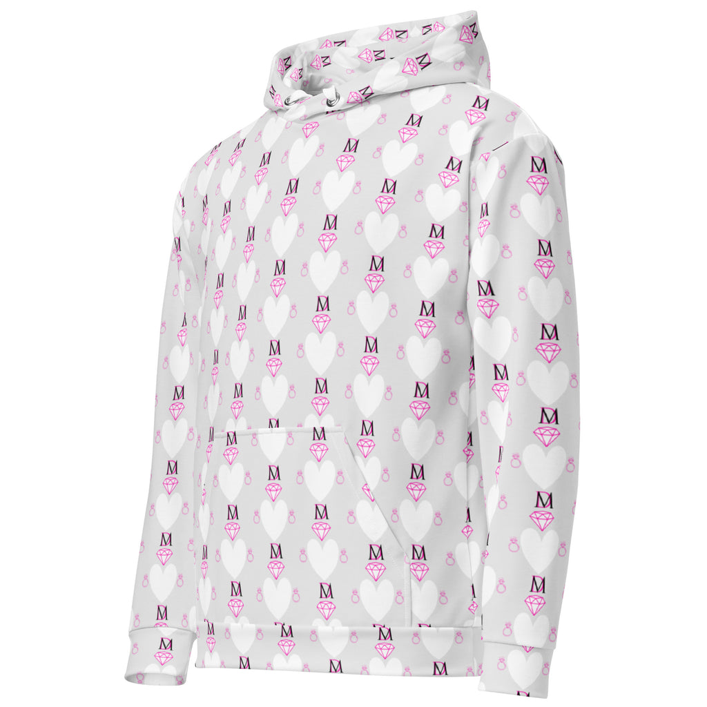 Unisex white hoodie with all-over frosted hearts print by Daemon Luxury, featuring a front pocket and adjustable drawstring hood.