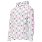 Unisex white hoodie with all-over frosted hearts print by Daemon Luxury, featuring a front pocket and adjustable drawstring hood.