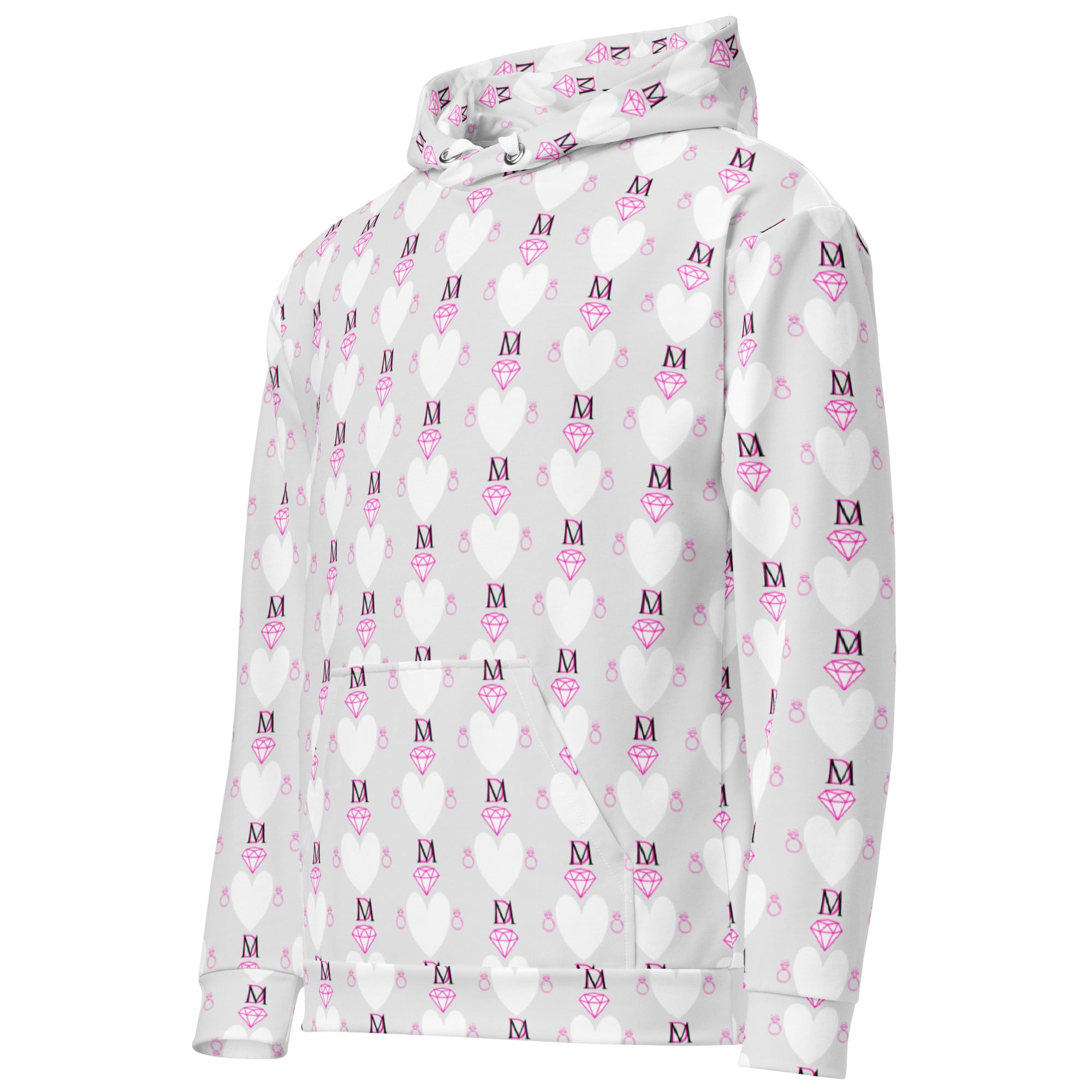 Unisex white hoodie with all-over frosted hearts print by Daemon Luxury, featuring a front pocket and adjustable drawstring hood.