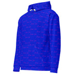 Daemon Luxury ELECTRICA Signature Move hoodie with all-over recycled print, unisex white hoodie, left front view.