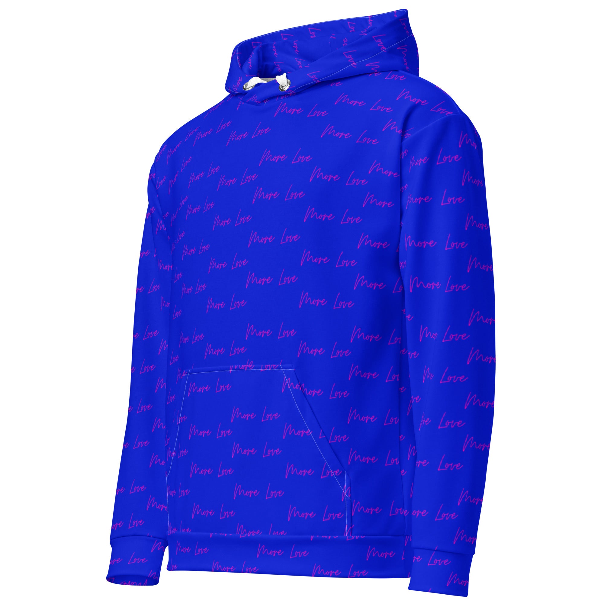 Daemon Luxury ELECTRICA Signature Move hoodie with all-over recycled print, unisex white hoodie, left front view.