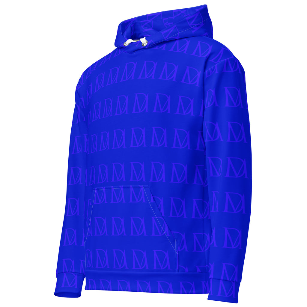 Recycled white unisex hoodie with electrical indigo all-over print and hood, by Daemon Luxury, front view image.