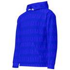 Recycled white unisex hoodie with electrical indigo all-over print and hood, by Daemon Luxury, front view image.