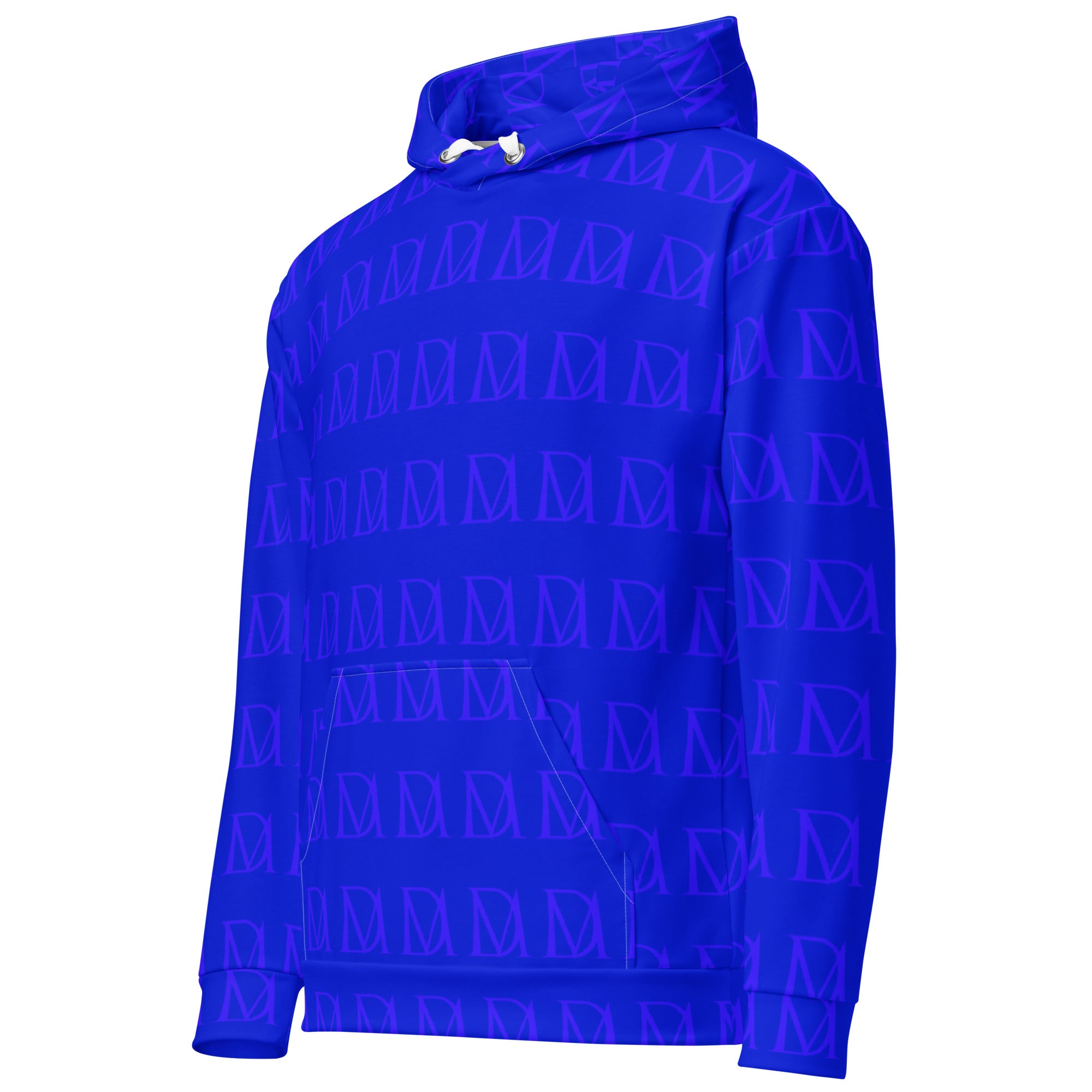 Recycled white unisex hoodie with electrical indigo all-over print and hood, by Daemon Luxury, front view image.