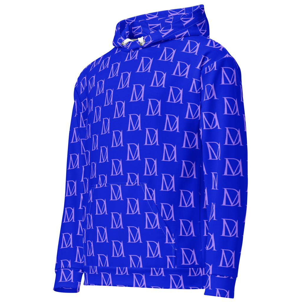 Daemon Luxury ELECTRICA Lilac Relay unisex hoodie with all-over recycled print, white fabric, front view.