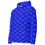 Daemon Luxury ELECTRICA Lilac Relay unisex hoodie with all-over recycled print, white fabric, front view.