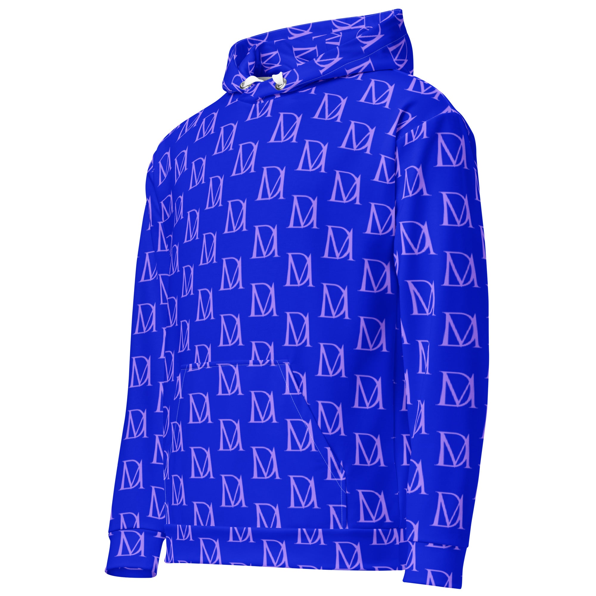 Daemon Luxury ELECTRICA Lilac Relay unisex hoodie with all-over recycled print, white fabric, front view.