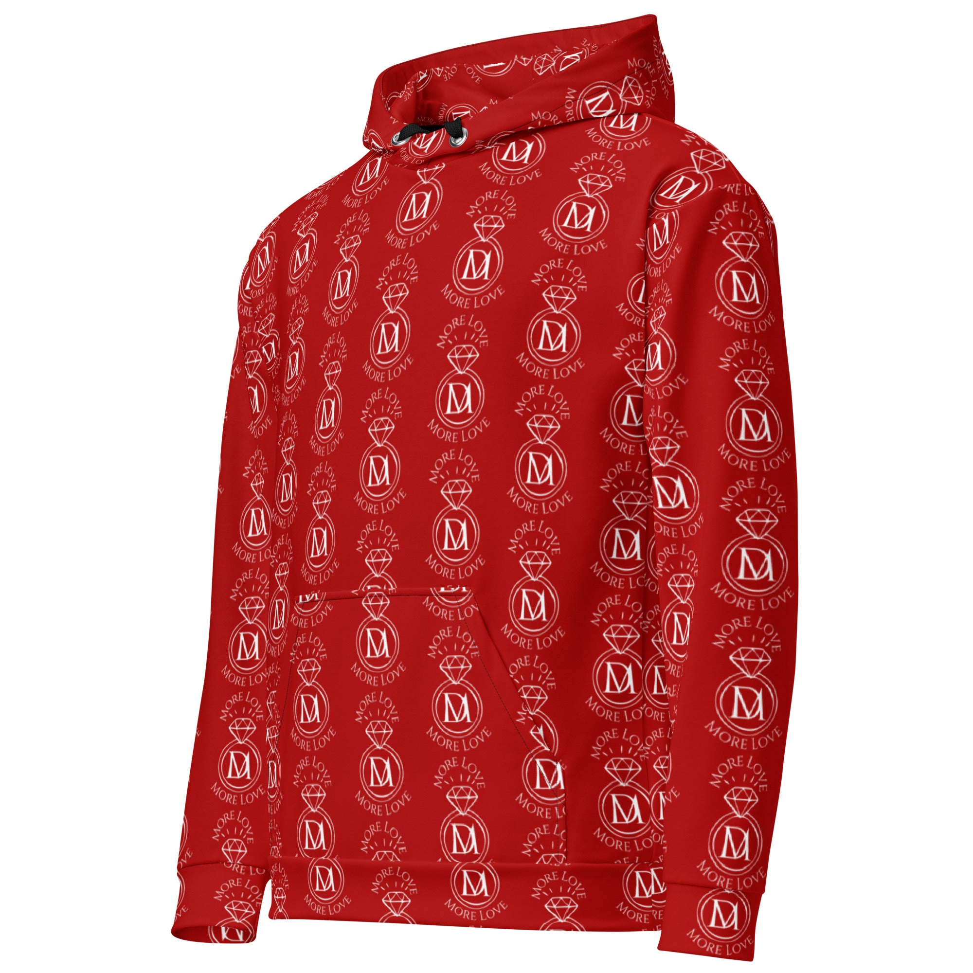 Daemon Luxury SUPREME MODELS initial ringer hoodie, white recycled unisex hoodie with all-over print, front view.
