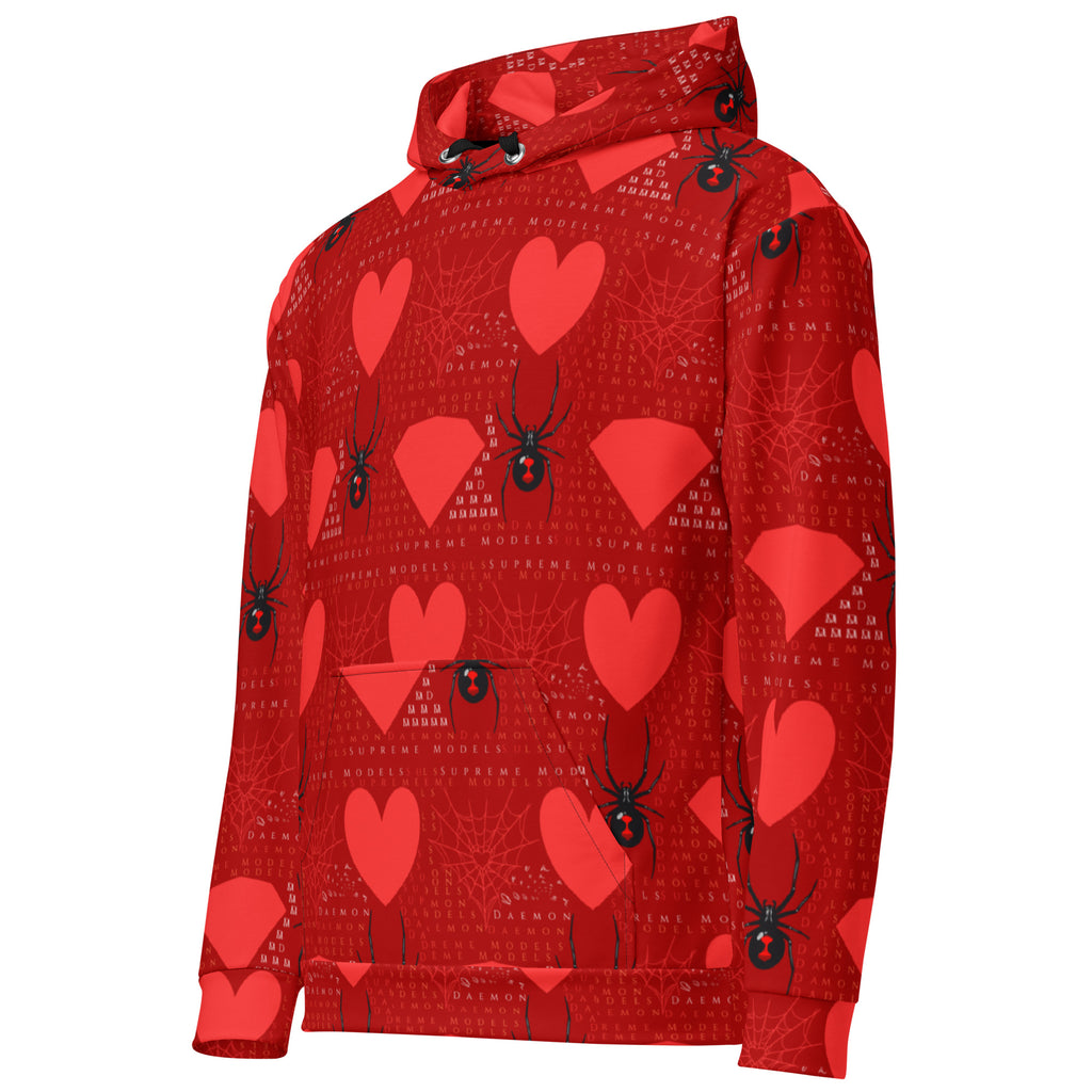 Daemon Luxury Supreme Models (Foreigners Luv) unisex white hoodie with all-over print, featuring a hood and front pocket.
