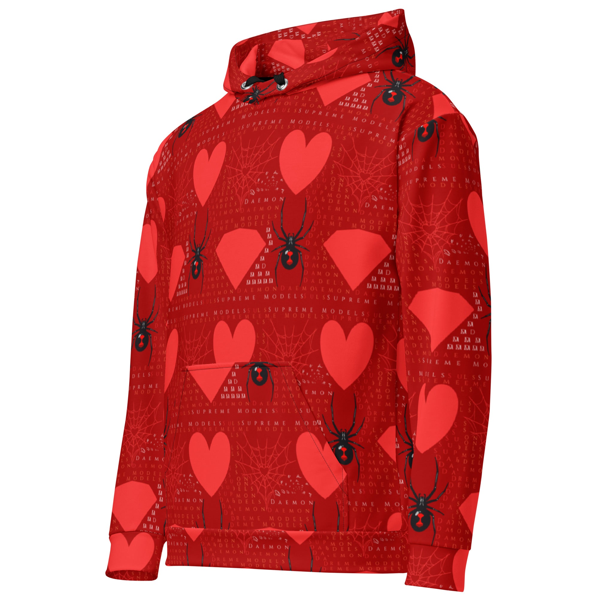 Daemon Luxury Supreme Models (Foreigners Luv) unisex white hoodie with all-over print, featuring a hood and front pocket.
