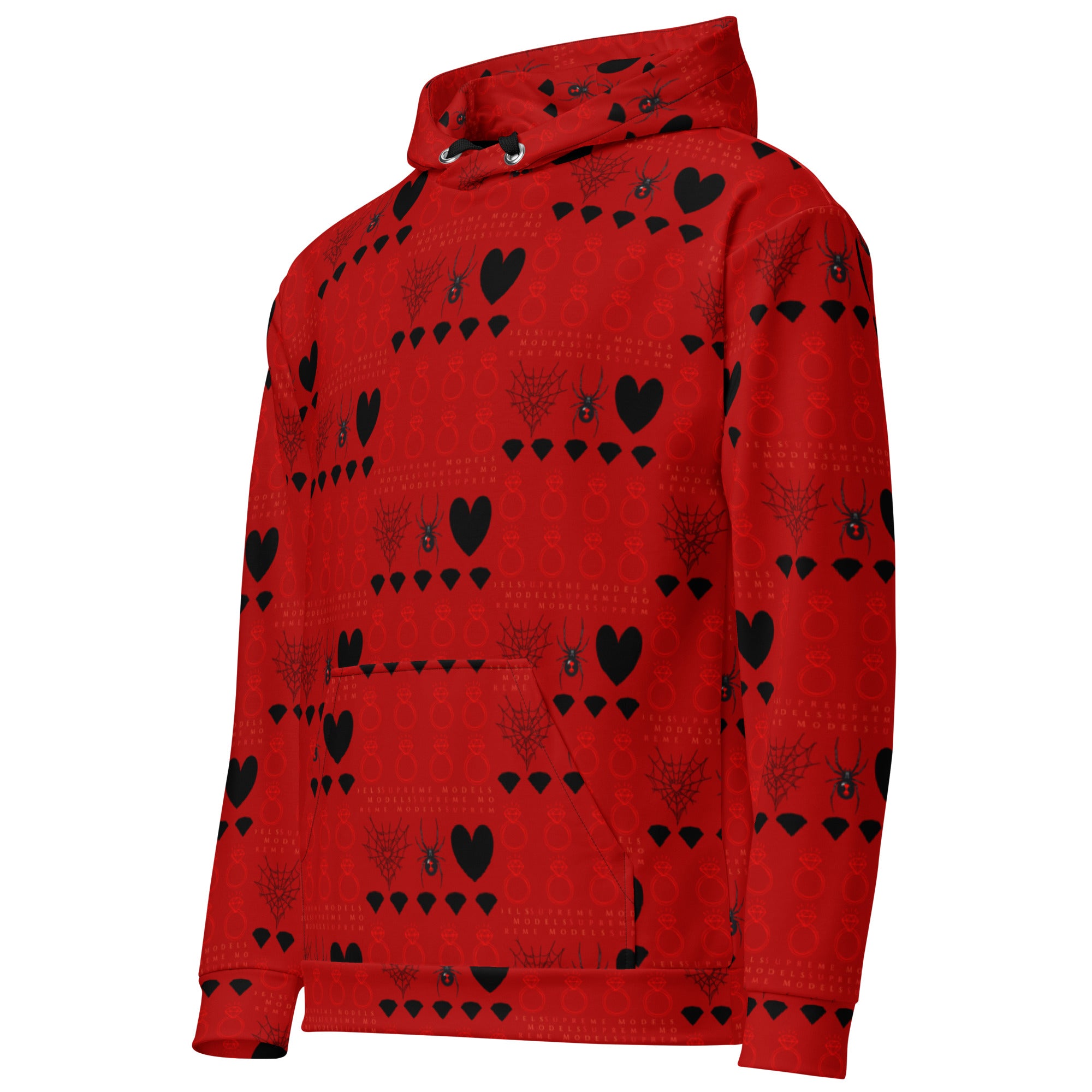 Daemon Luxury Supreme Models More Less Love II unisex white recycled hoodie with all-over print, featuring a hood and front pocket.