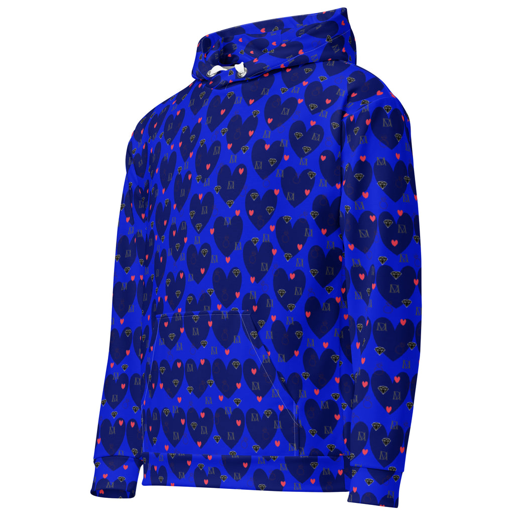 Daemon Luxury ELECTRICA Heartfelt Spree white unisex hoodie with all-over recycled print and front pocket detail.